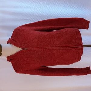 Tweeds Women's Sweater Cardigan Chunky  Knit Rust Orange Lambs Wool Blend Hood L